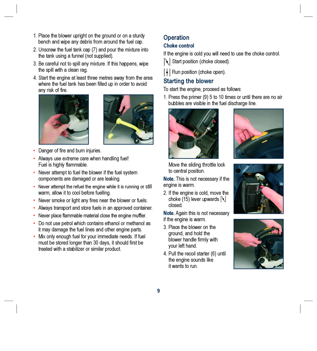 Global Machinery Company PB26CC instruction manual Operation, Starting the blower, Choke control 