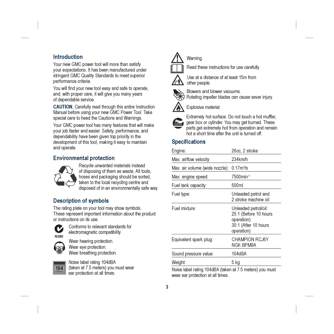 Global Machinery Company PB26D Introduction, Environmental protection, Description of symbols, Specifications 