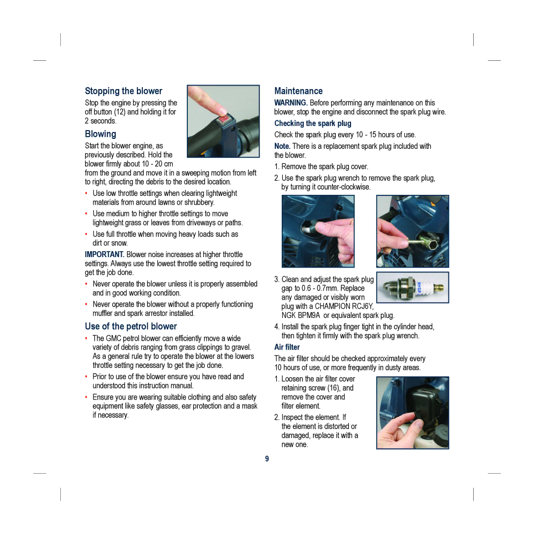 Global Machinery Company PB26D instruction manual Stopping the blower, Blowing, Use of the petrol blower, Maintenance 