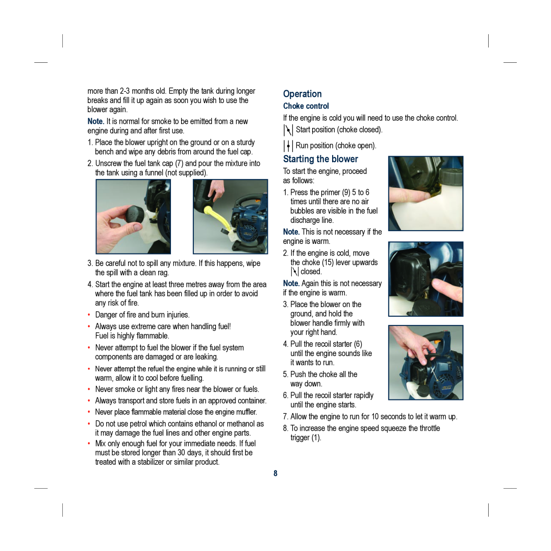 Global Machinery Company PB26D instruction manual Operation, Starting the blower, Choke control 