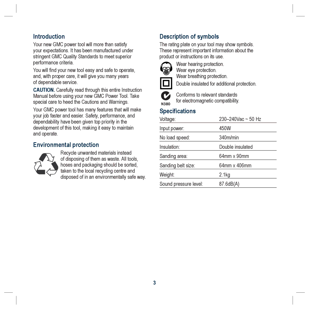 Global Machinery Company PBSM Introduction, Environmental protection, Description of symbols, Specifications 