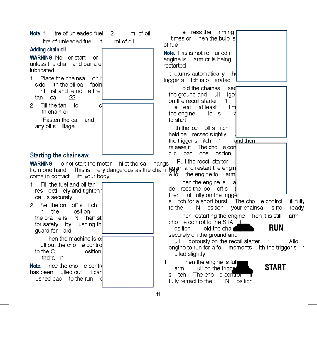 Global Machinery Company PCH25 instruction manual Starting the chainsaw, Adding chain oil 