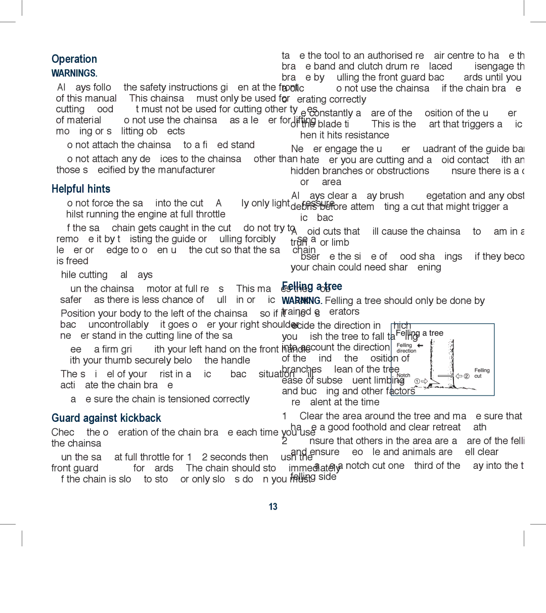 Global Machinery Company PCH25 instruction manual Operation, Helpful hints, Guard against kickback, Felling a tree 