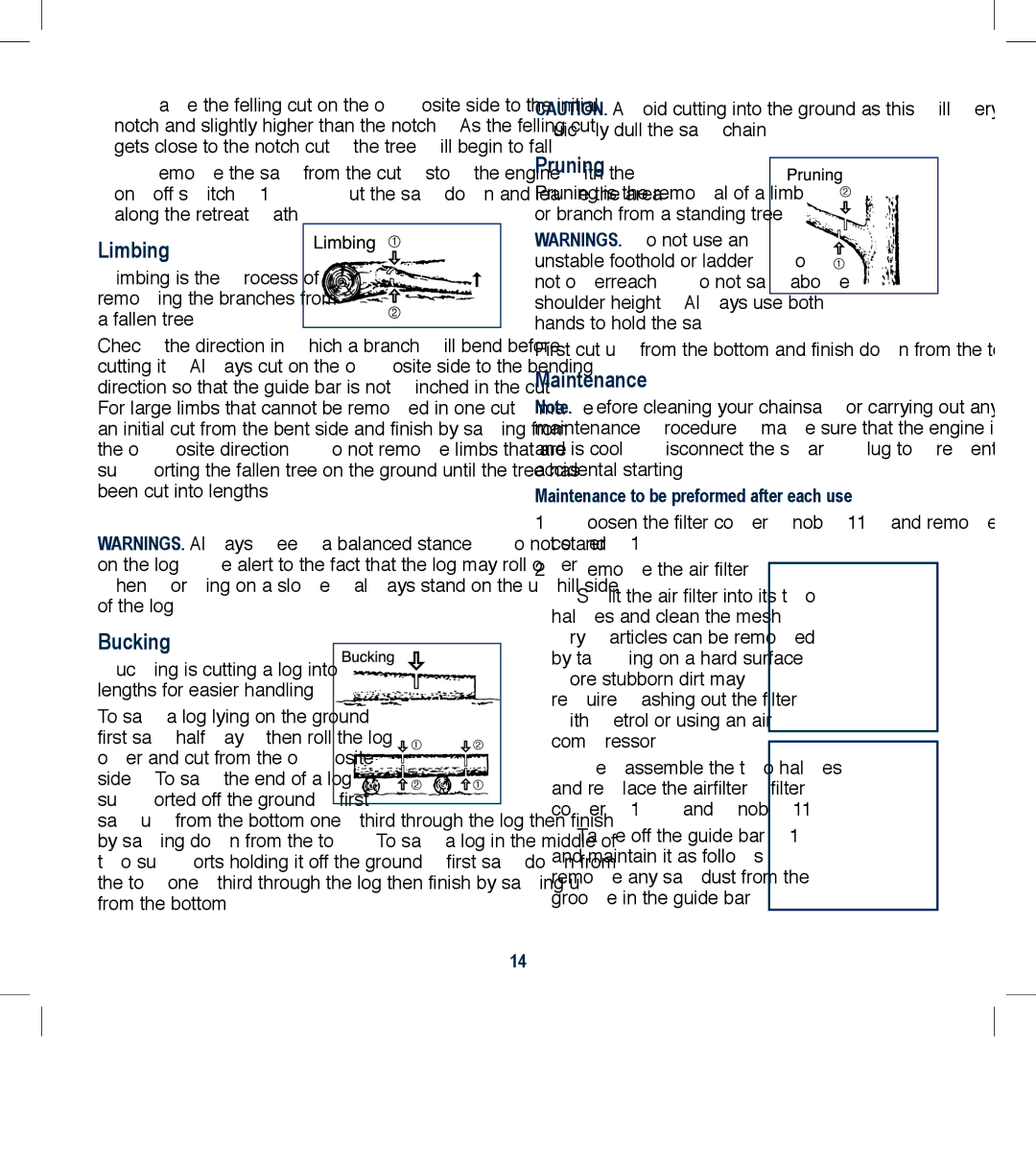 Global Machinery Company PCH25 instruction manual Limbing, Bucking, Pruning, Maintenance to be preformed after each use 