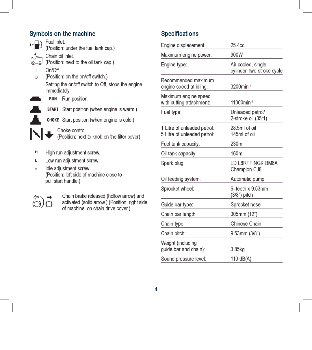 Global Machinery Company PCH25 instruction manual Symbols on the machine, Specifications 