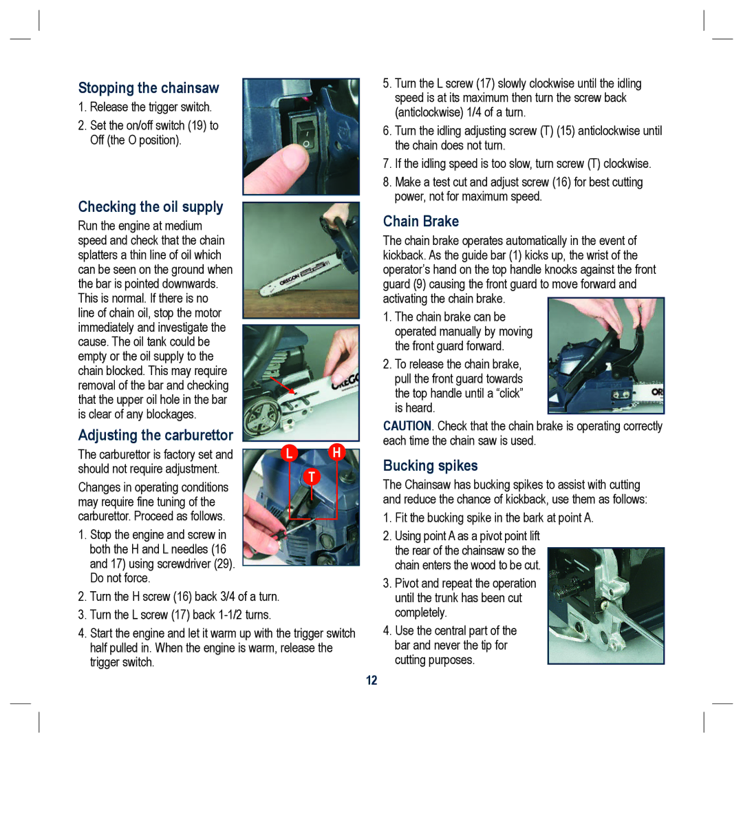 Global Machinery Company PCH37 Stopping the chainsaw, Checking the oil supply, Adjusting the carburettor, Chain Brake 