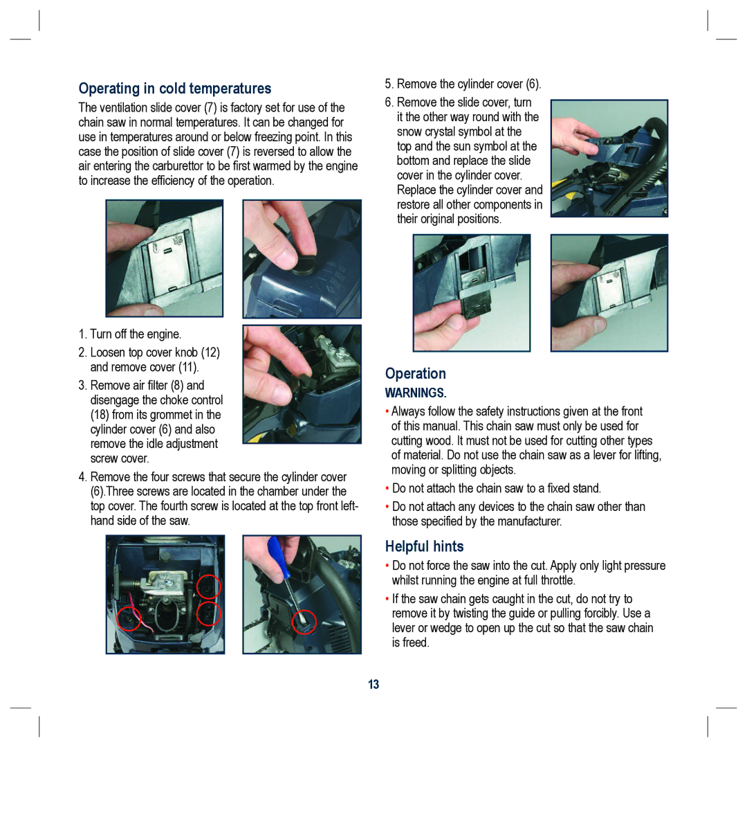 Global Machinery Company PCH37 instruction manual Operating in cold temperatures, Operation, Helpful hints 