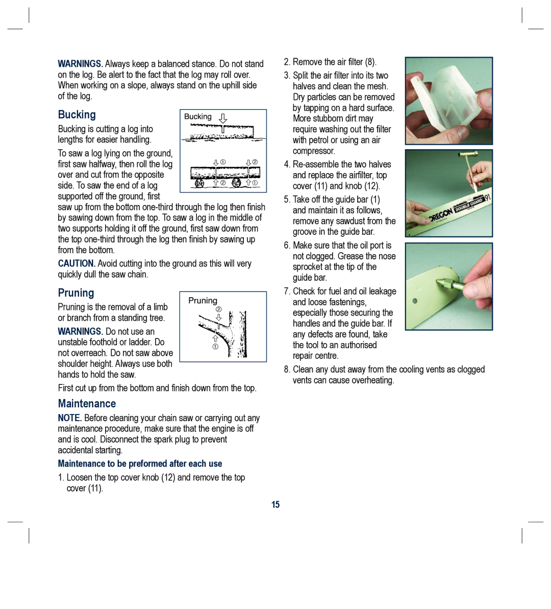 Global Machinery Company PCH37 instruction manual Bucking, Pruning, Maintenance to be preformed after each use 