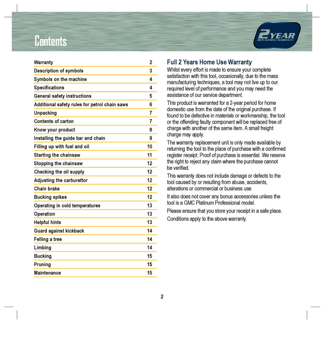 Global Machinery Company PCH37 instruction manual Contents 