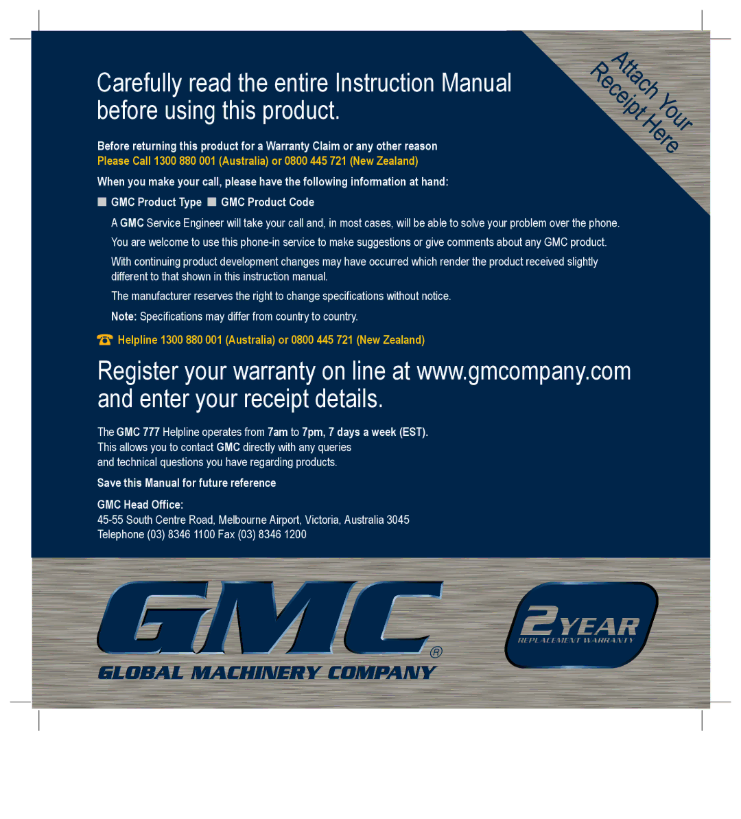 Global Machinery Company PCH37 instruction manual Save this Manual for future reference GMC Head Office 