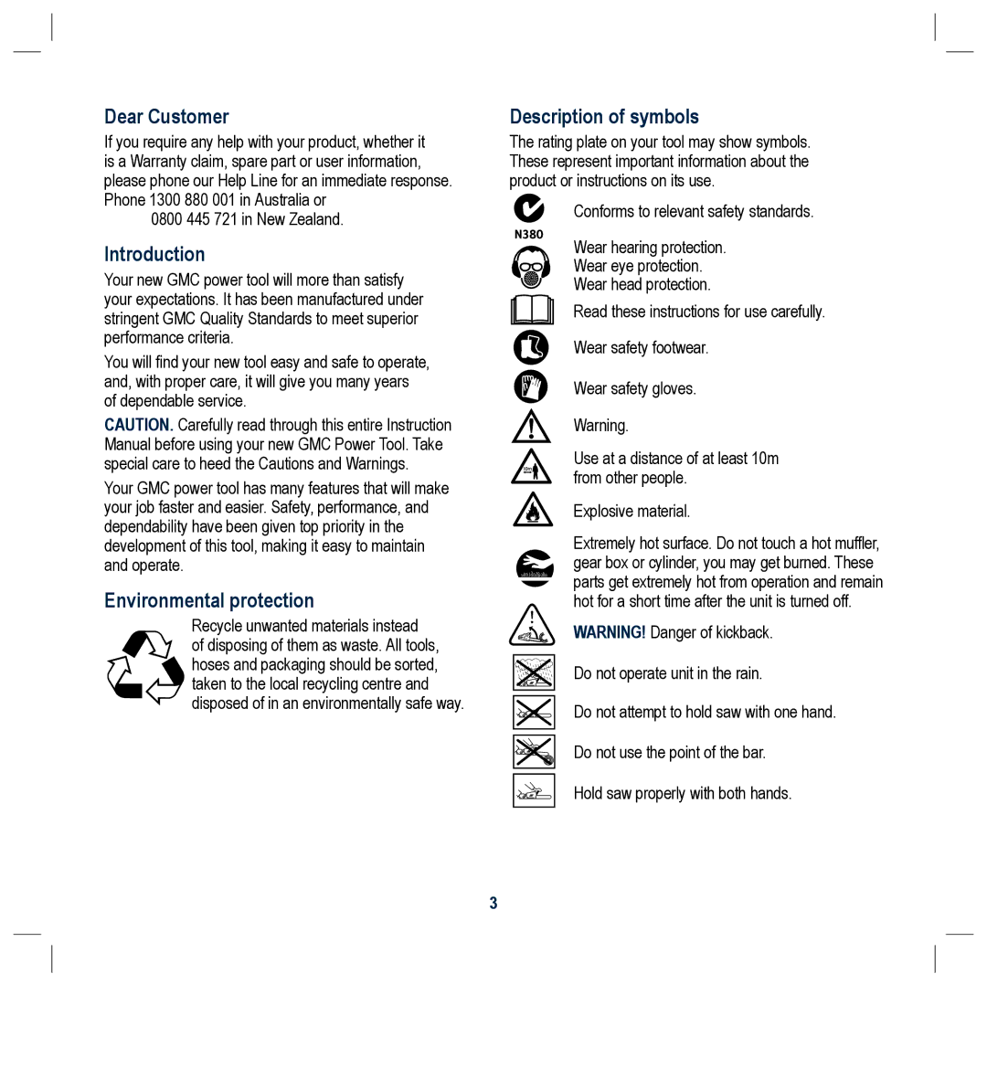 Global Machinery Company PCH37 Dear Customer, Introduction, Environmental protection, Description of symbols 