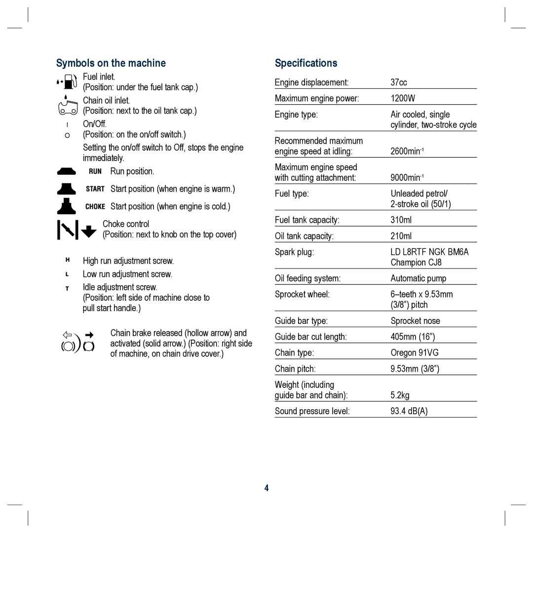 Global Machinery Company PCH37 instruction manual Symbols on the machine, Specifications 