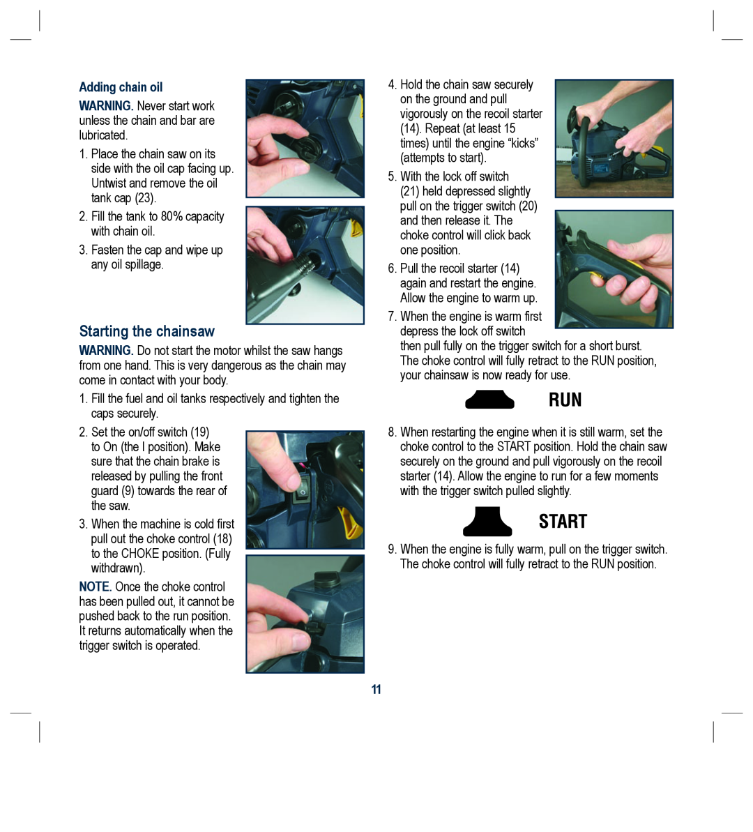 Global Machinery Company PCH37 instruction manual Starting the chainsaw, Adding chain oil 