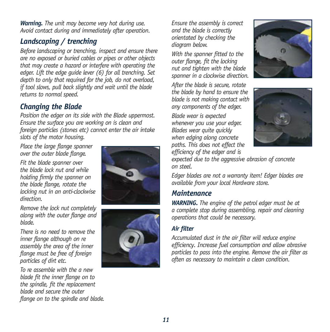 Global Machinery Company PEDG instruction manual Landscaping / trenching, Changing the Blade, Maintenance, Air filter 