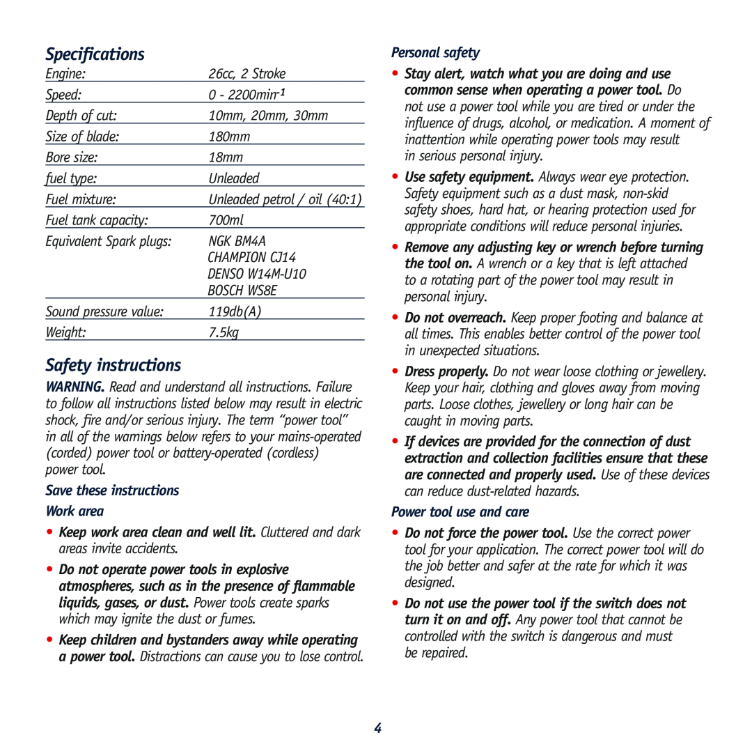 Global Machinery Company PEDG Specifications, Safety instructions, Save these instructions Work area, Personal safety 