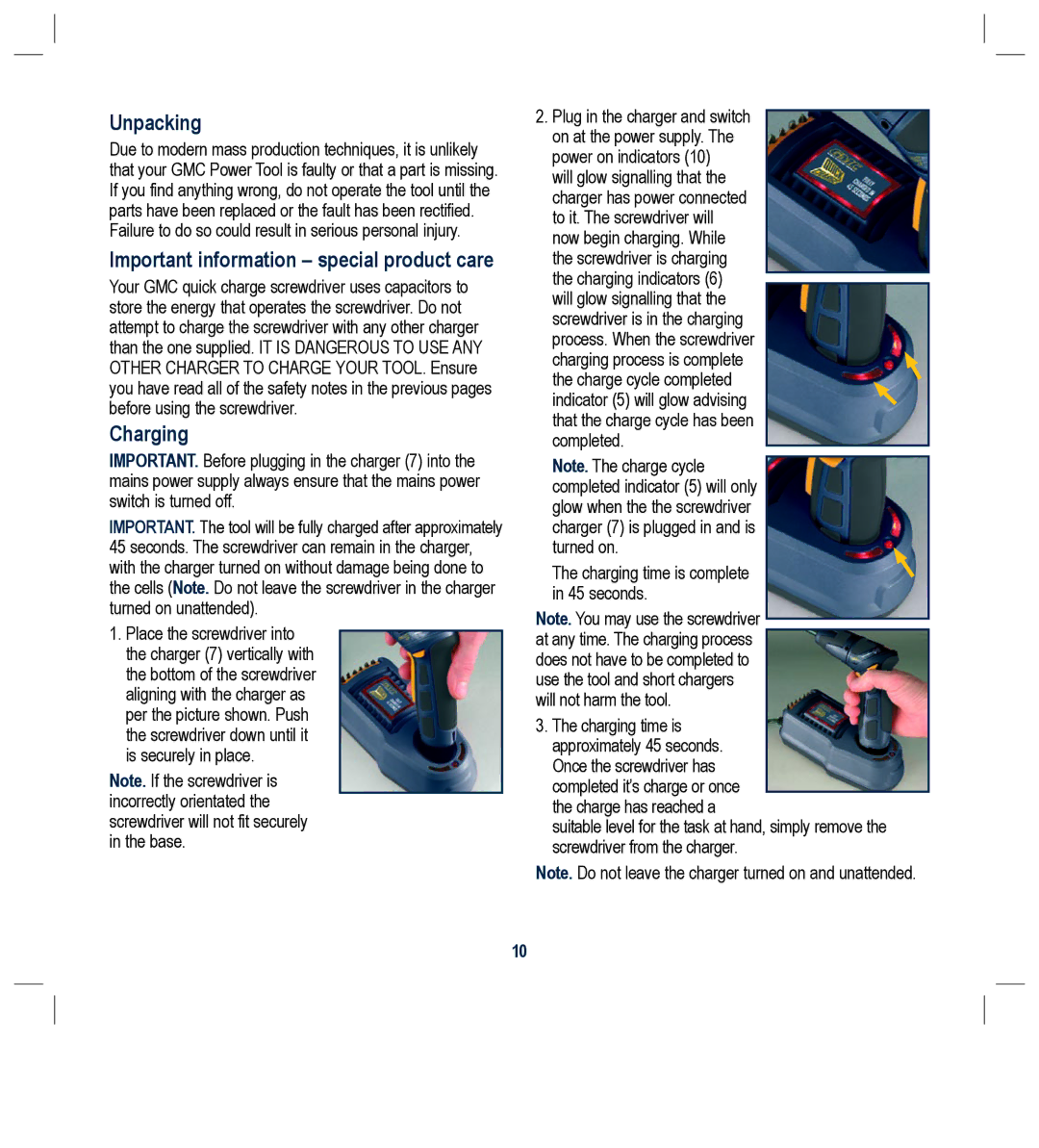 Global Machinery Company PFC46V instruction manual Unpacking, Important information special product care, Charging 