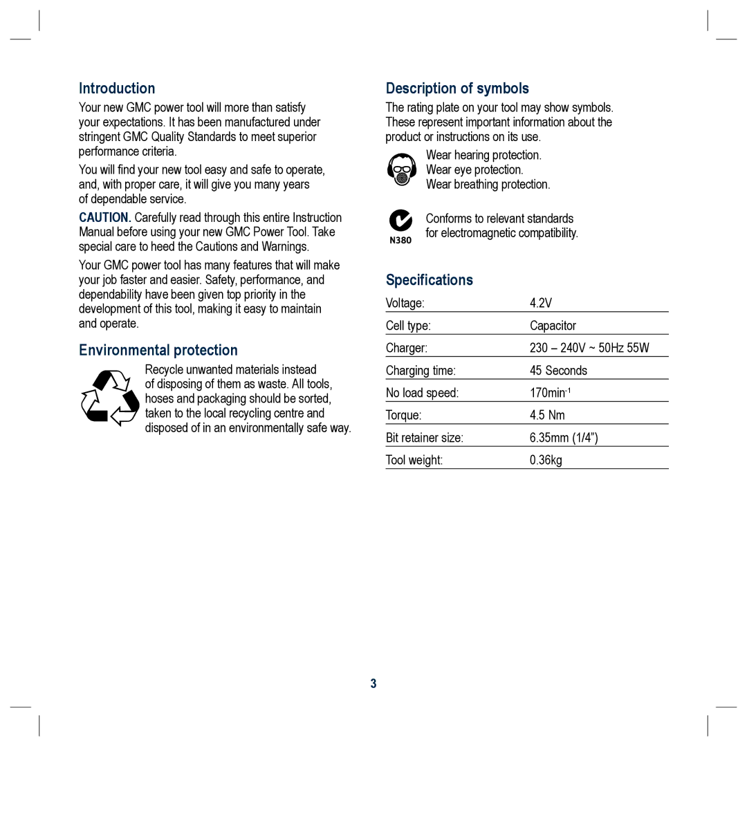 Global Machinery Company PFC46V Introduction, Environmental protection, Description of symbols, Specifications 