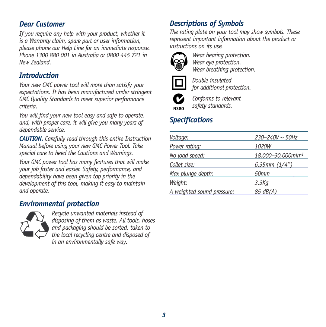 Global Machinery Company R1020 Dear Customer, Introduction, Environmental protection, Descriptions of Symbols 