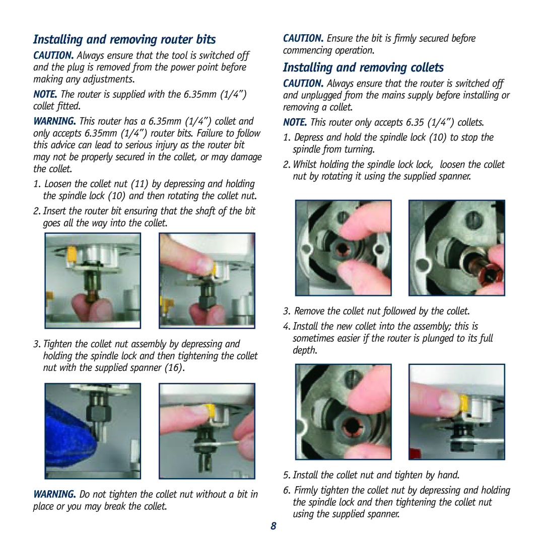Global Machinery Company R1020 instruction manual Installing and removing router bits, Installing and removing collets 