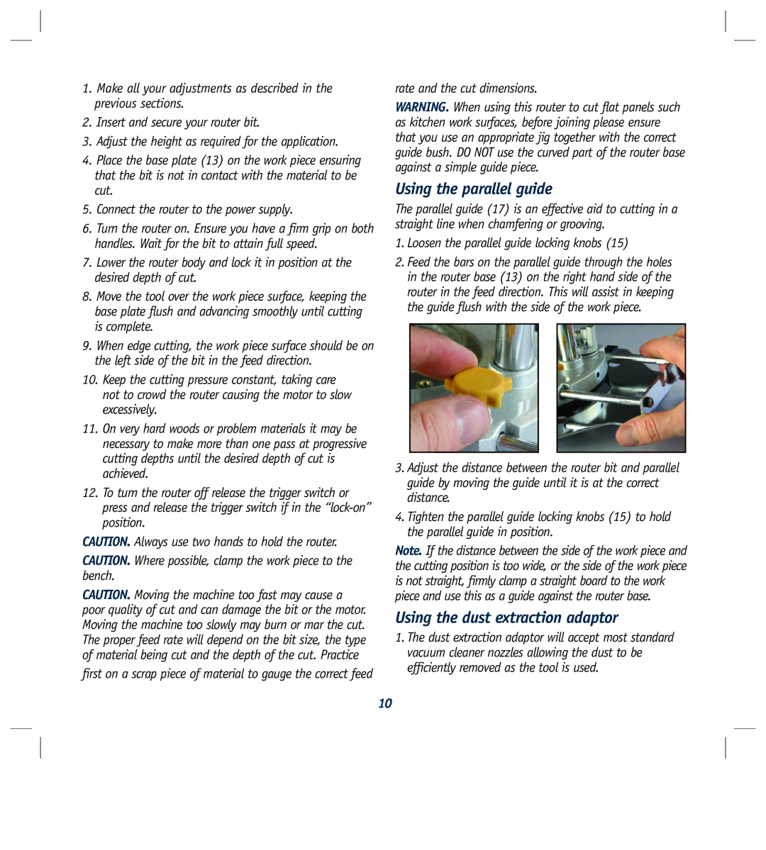 Global Machinery Company R1200 Using the parallel guide, Using the dust extraction adaptor, Rate and the cut dimensions 