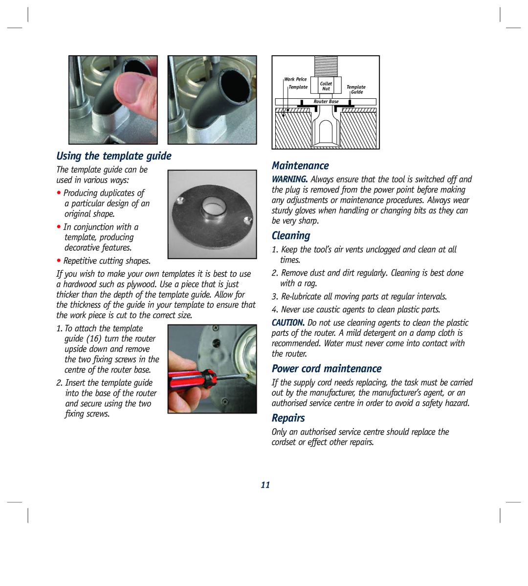 Global Machinery Company R1200 Using the template guide, Maintenance Cleaning, Power cord maintenance, Repairs 