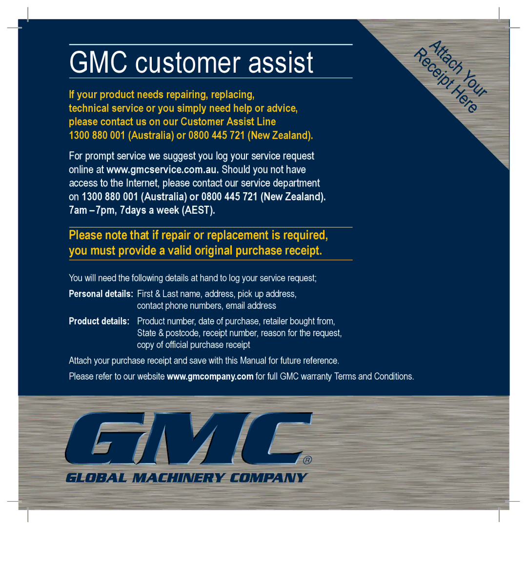 Global Machinery Company R1200 instruction manual GMC customer assist 