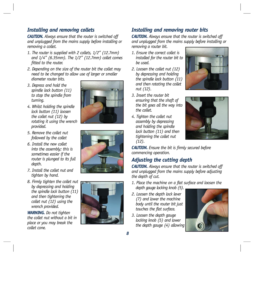 Global Machinery Company R1200 instruction manual Installing and removing collets, Installing and removing router bits 