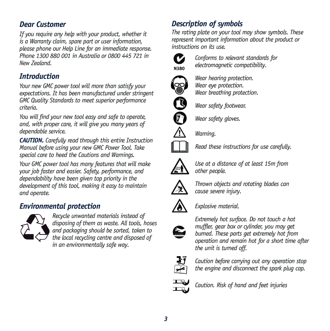 Global Machinery Company RL 500 Dear Customer, Introduction, Environmental protection, Description of symbols 