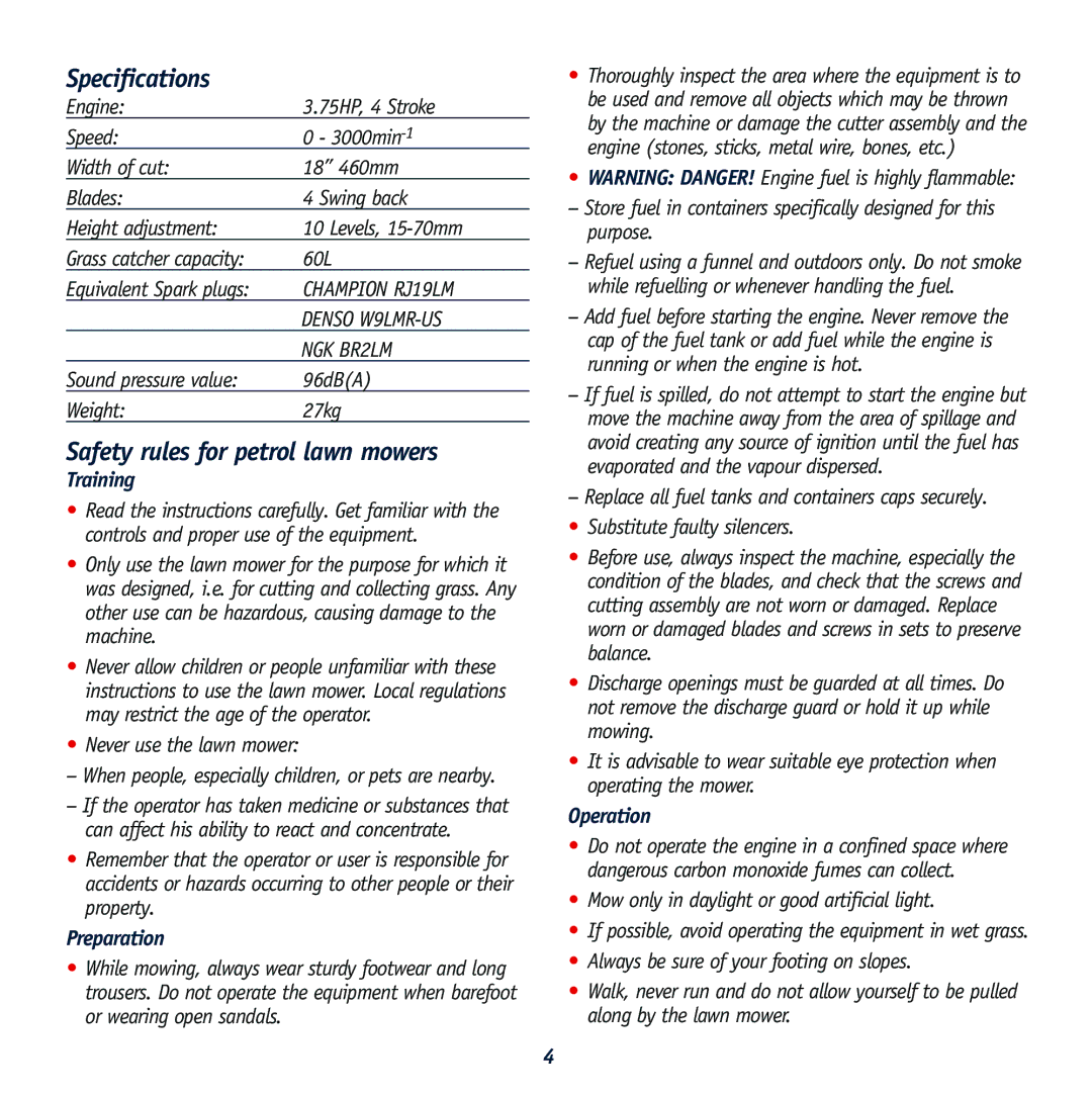 Global Machinery Company RL 500 Specifications, Safety rules for petrol lawn mowers, Training, Preparation, Operation 