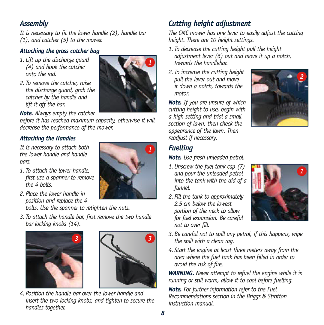 Global Machinery Company RL 500 Assembly, Cutting height adjustment, Fuelling, Attaching the grass catcher bag 