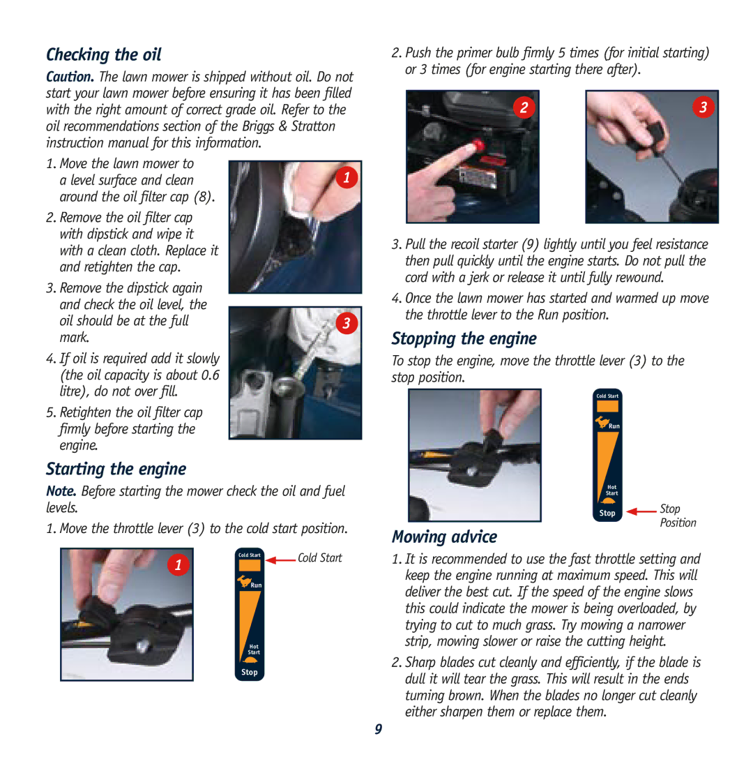 Global Machinery Company RL 500 Checking the oil, Starting the engine, Stopping the engine, Mowing advice 