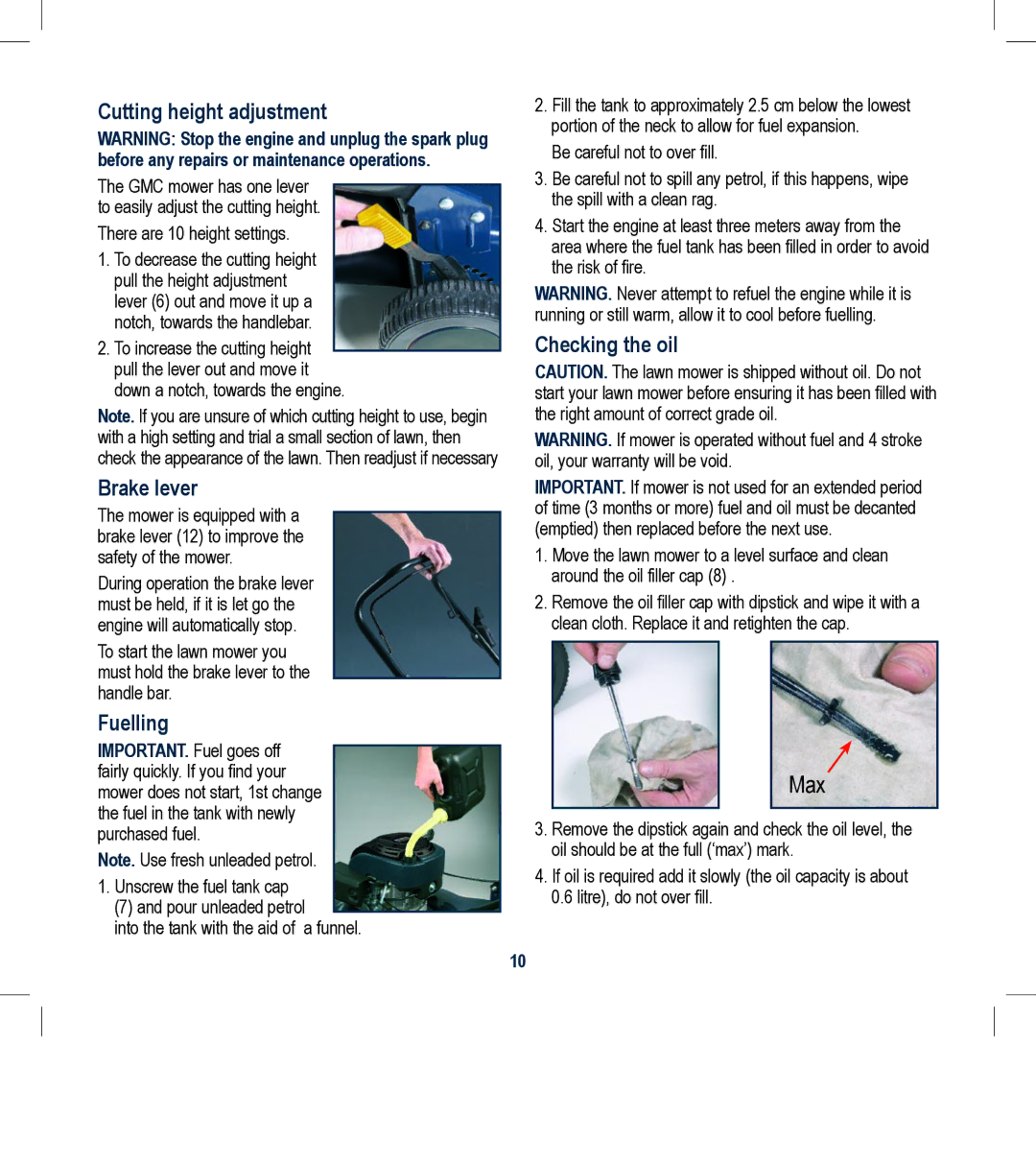 Global Machinery Company RL501A instruction manual Cutting height adjustment, Brake lever, Fuelling, Checking the oil 