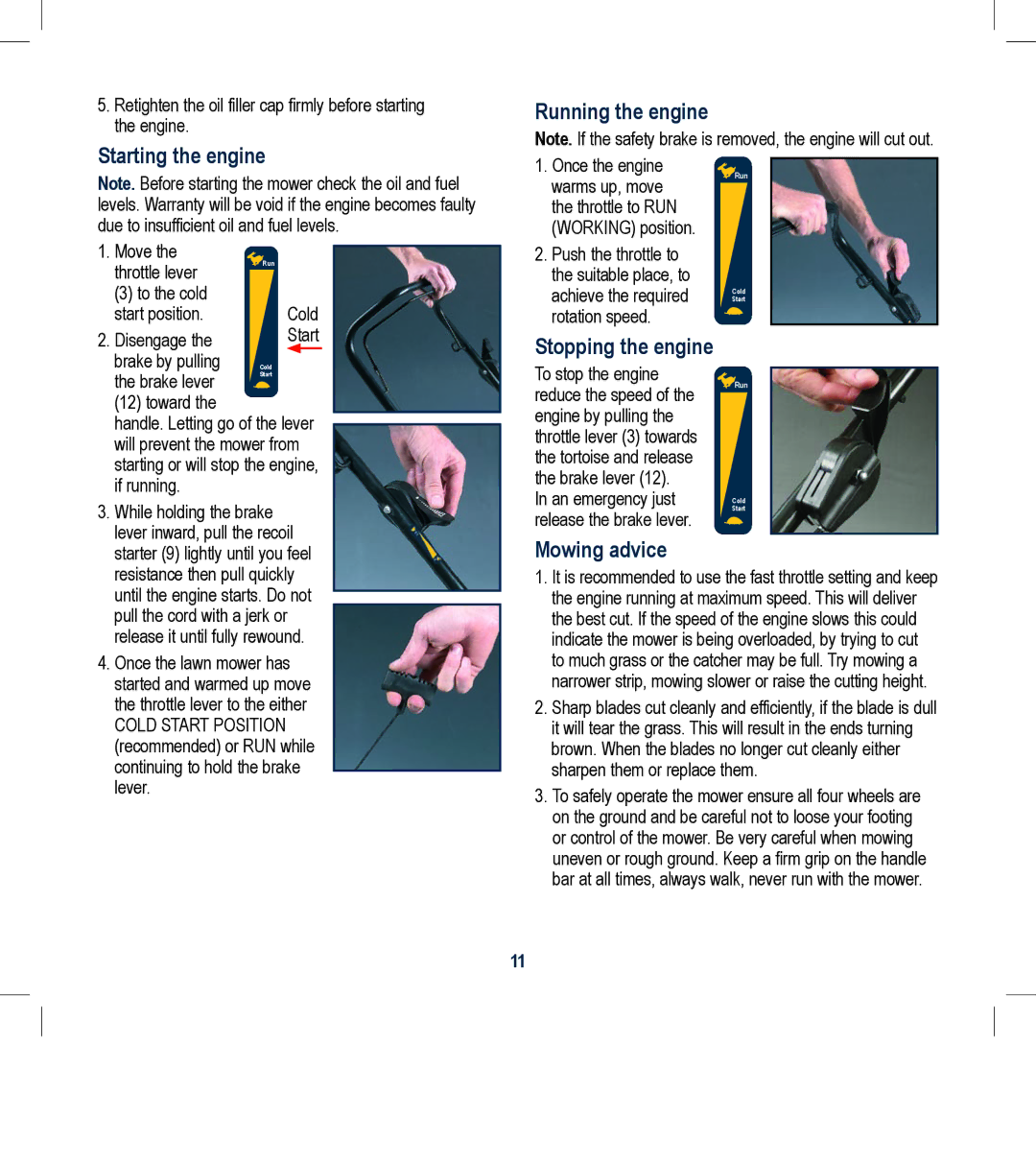 Global Machinery Company RL501A Starting the engine, Running the engine, Stopping the engine, Mowing advice 