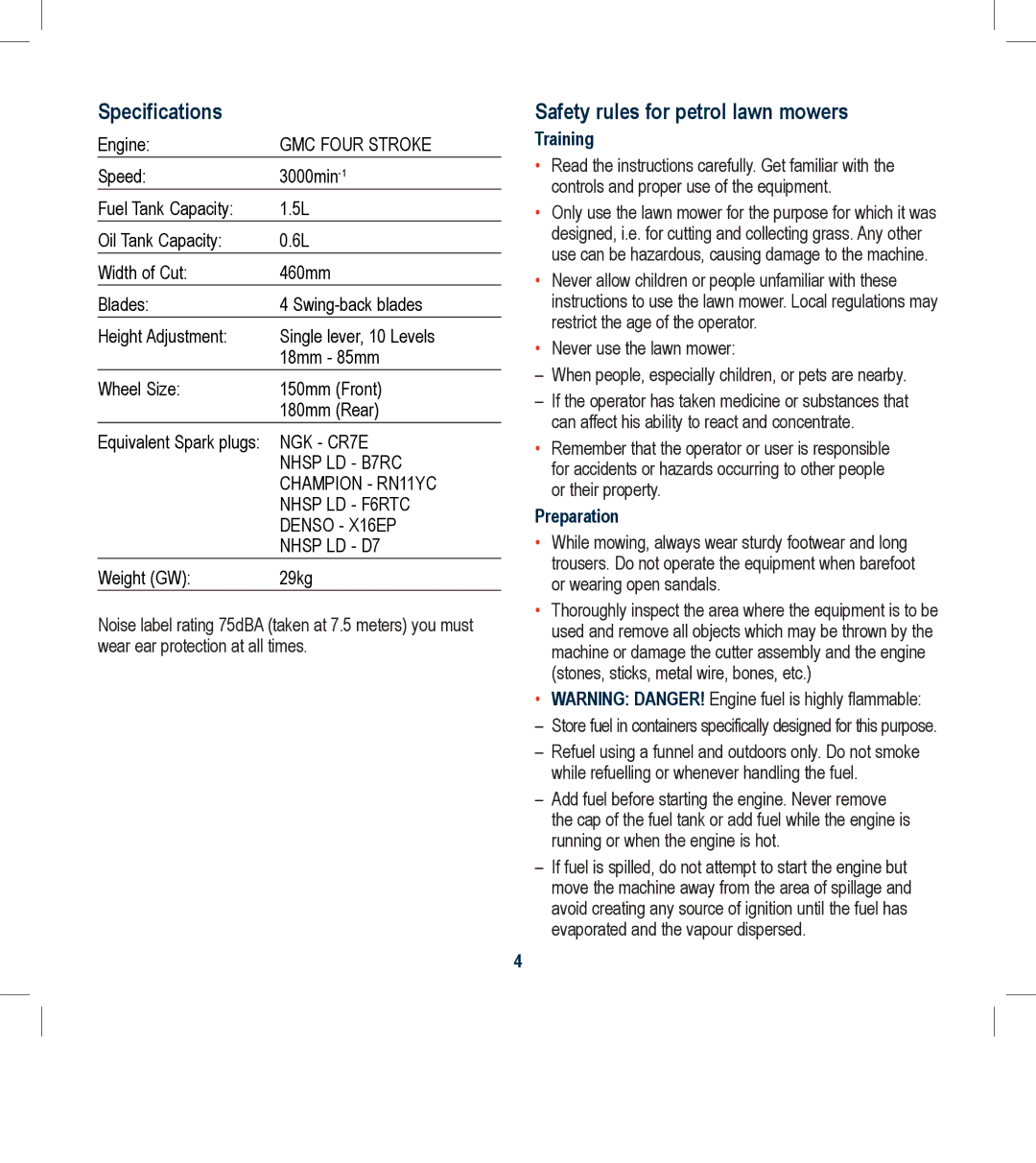 Global Machinery Company RL501A Specifications, Safety rules for petrol lawn mowers, Training, Preparation 