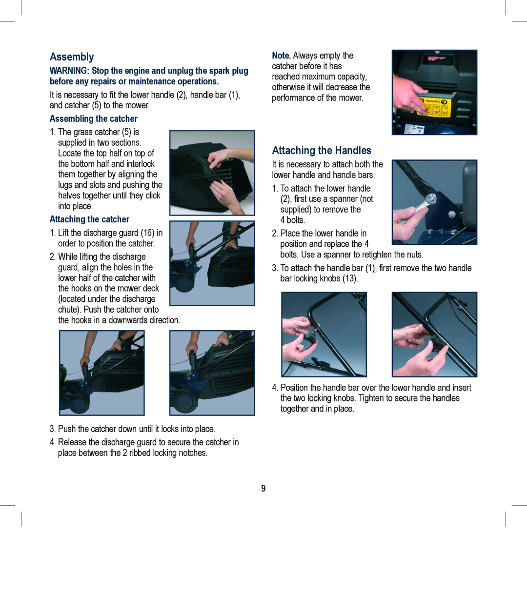 Global Machinery Company RL501A Assembly, Attaching the Handles, Assembling the catcher, Attaching the catcher 