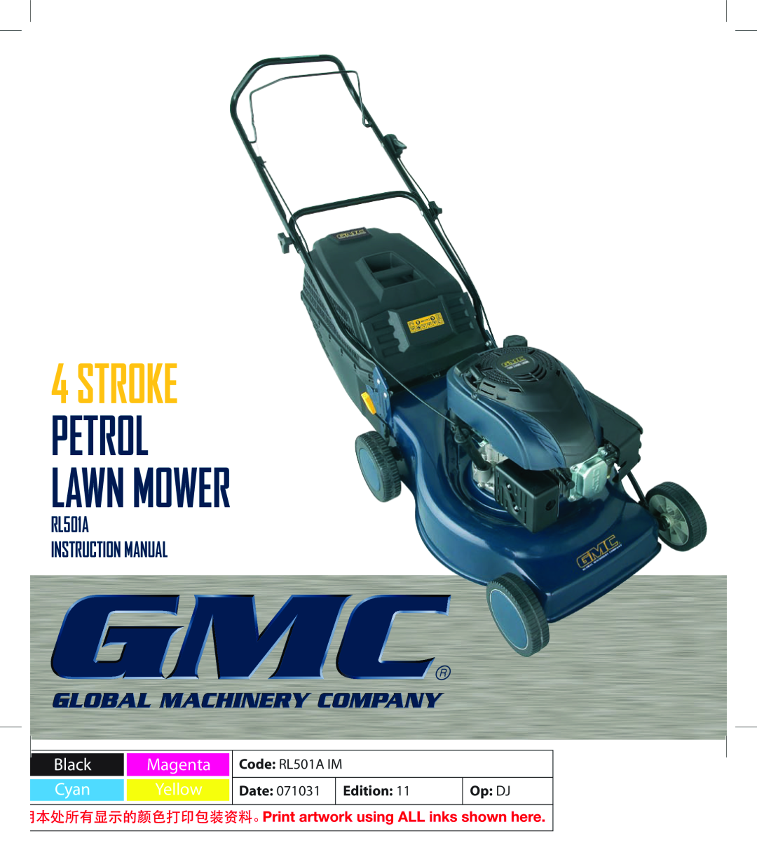 Global Machinery Company instruction manual Code RL501A IM, Stroke Petrol Lawn Mower, Black Magenta Cyan Yellow 