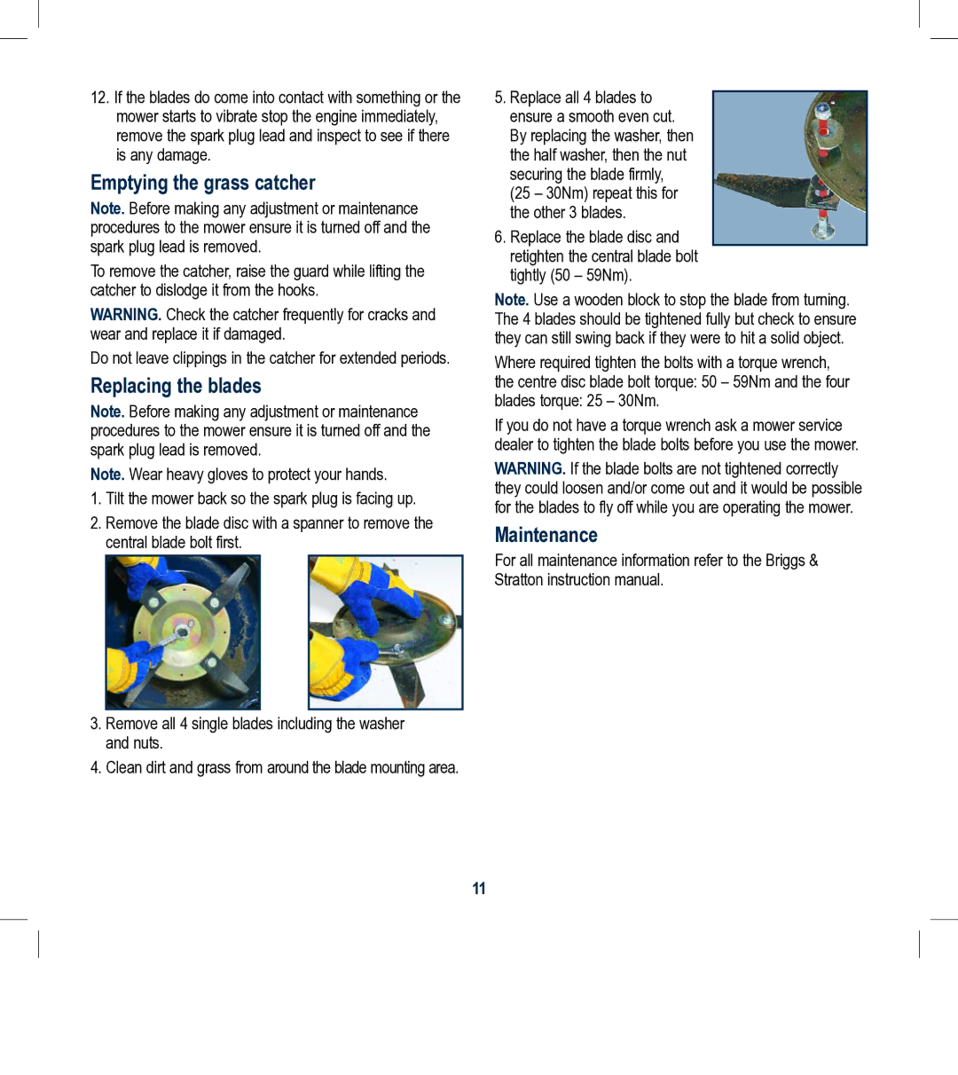 Global Machinery Company RL504 instruction manual Emptying the grass catcher, Replacing the blades, Maintenance 