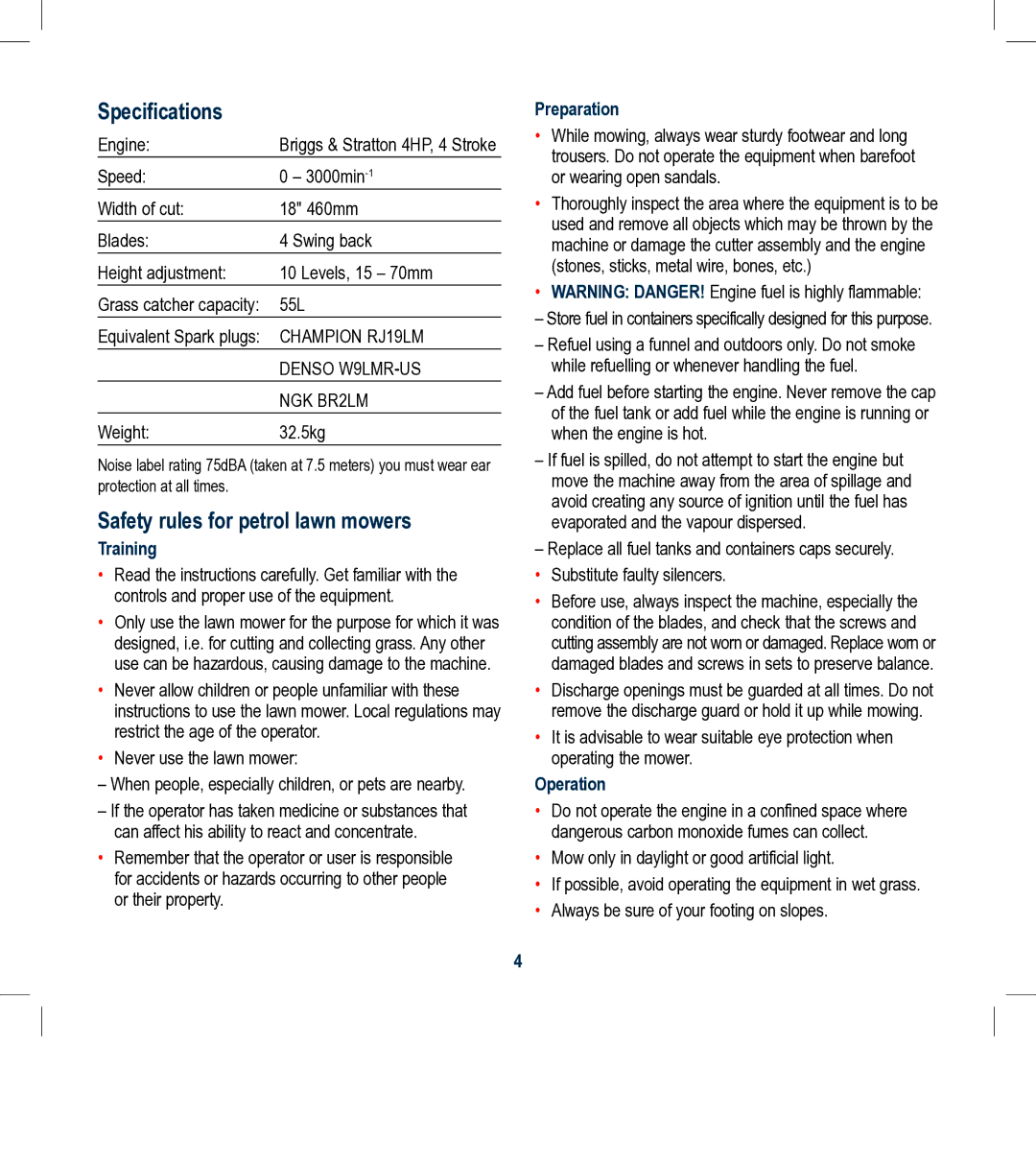 Global Machinery Company RL504 Specifications, Safety rules for petrol lawn mowers, Training, Preparation, Operation 