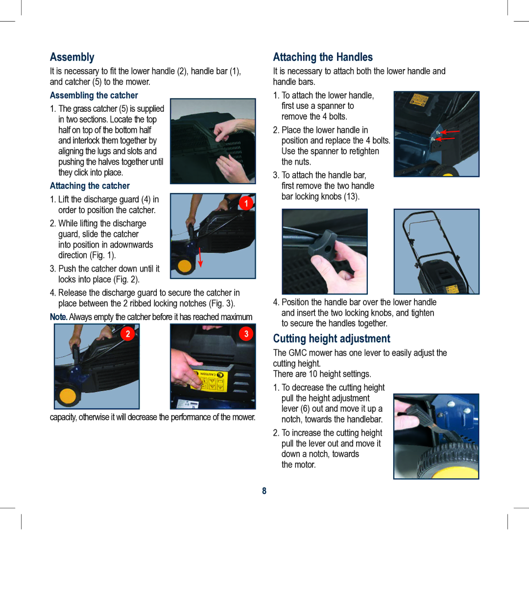 Global Machinery Company RL504 Assembly, Attaching the Handles, Cutting height adjustment, Assembling the catcher 