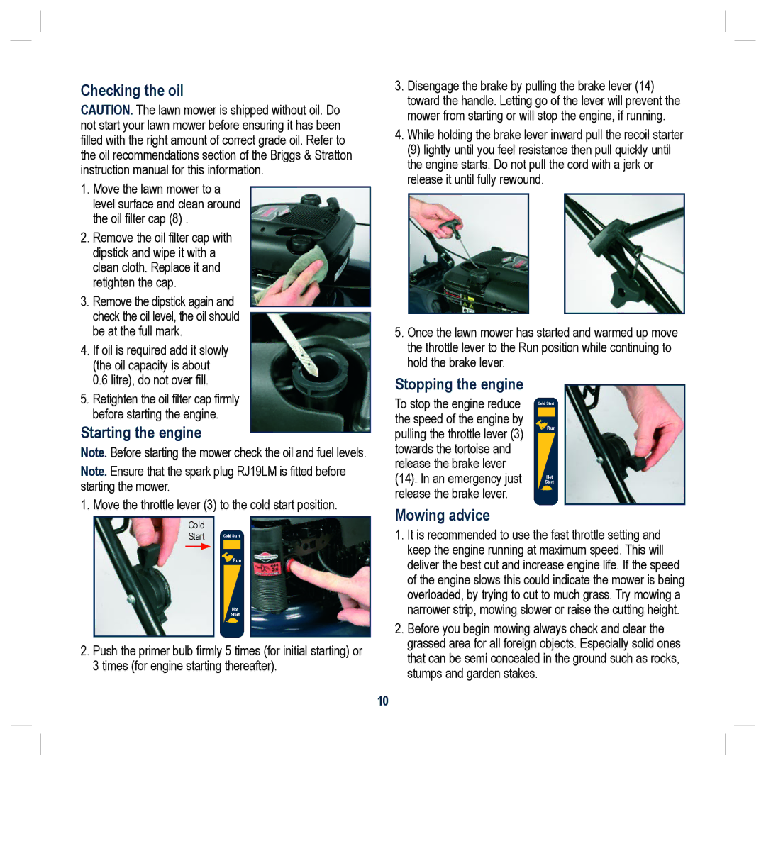 Global Machinery Company RLMC instruction manual Checking the oil, Starting the engine, Stopping the engine, Mowing advice 