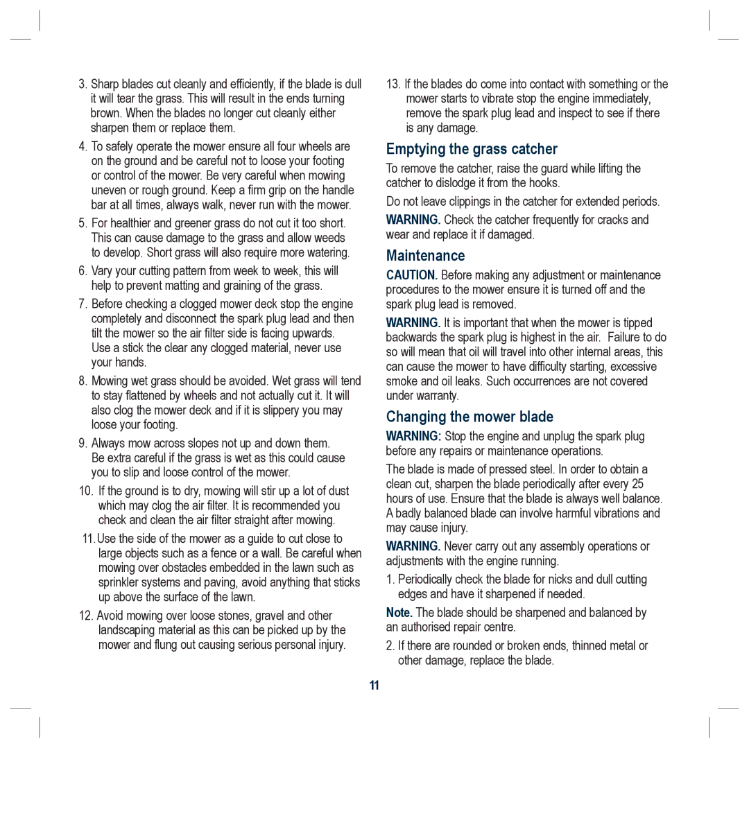 Global Machinery Company RLMC instruction manual Emptying the grass catcher, Maintenance Changing the mower blade 