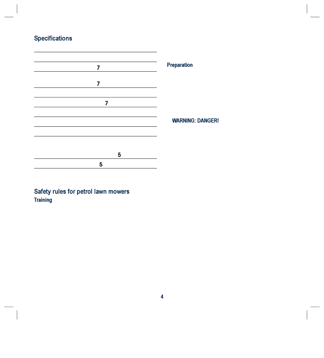 Global Machinery Company RLMC instruction manual Specifications, Safety rules for petrol lawn mowers, Training, Preparation 