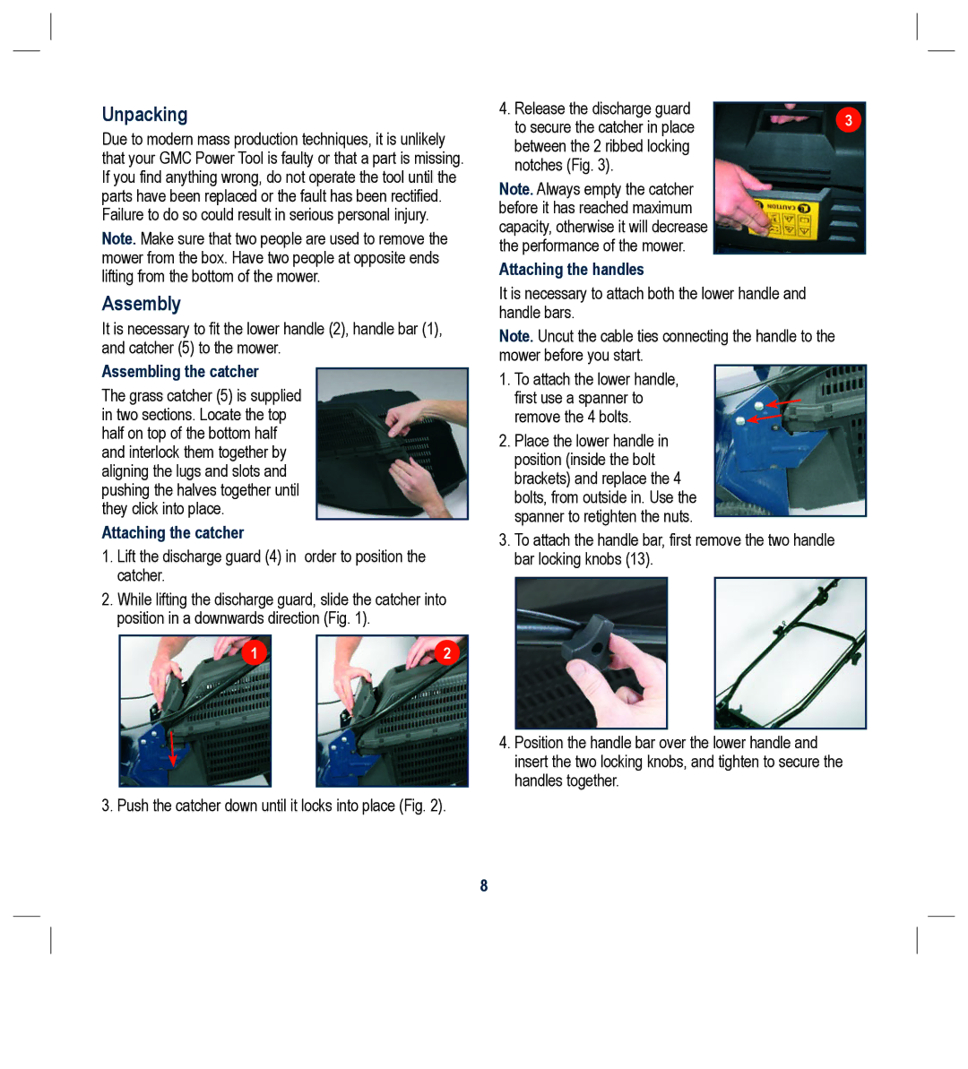 Global Machinery Company RLMC Unpacking, Assembly, Assembling the catcher, Attaching the catcher, Attaching the handles 