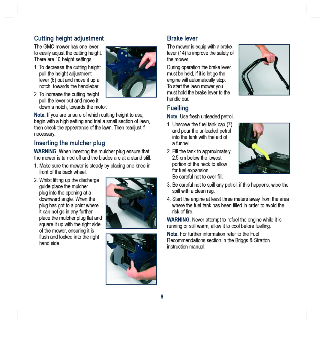 Global Machinery Company RLMC Cutting height adjustment, Inserting the mulcher plug, Brake lever, Fuelling 