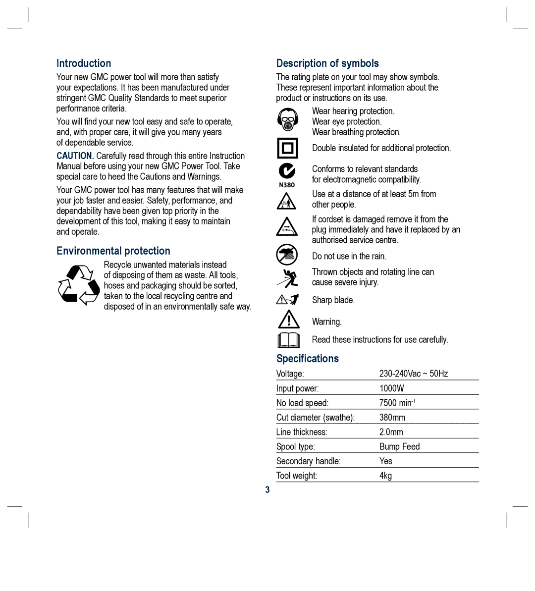 Global Machinery Company RM1000 Introduction, Environmental protection, Description of symbols, Specifications 