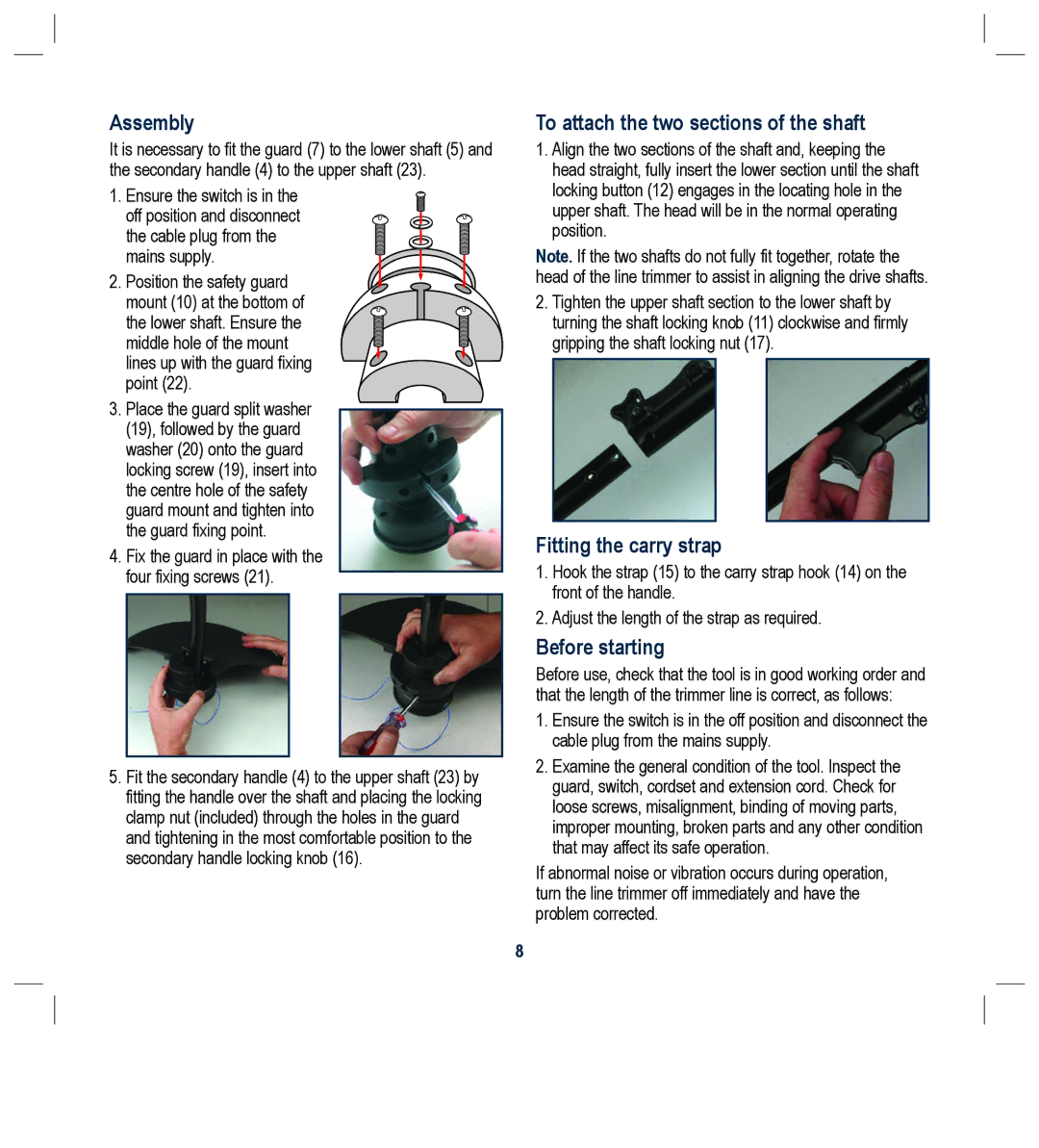 Global Machinery Company RM1000 Assembly, To attach the two sections of the shaft, Fitting the carry strap 