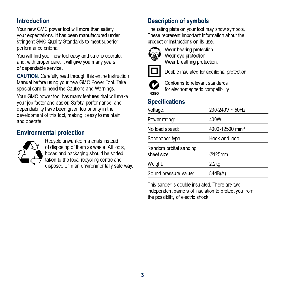 Global Machinery Company ROS400A Introduction, Environmental protection, Description of symbols, Specifications 