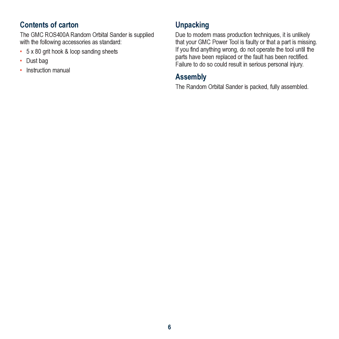 Global Machinery Company ROS400A instruction manual Contents of carton, Unpacking, Assembly 