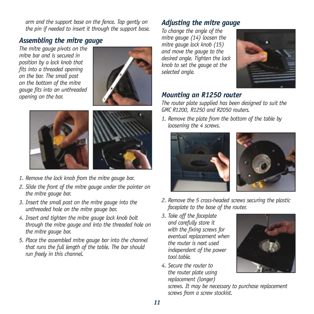Global Machinery Company GMC Router Table Assembling the mitre gauge, Adjusting the mitre gauge, Mounting an R1250 router 