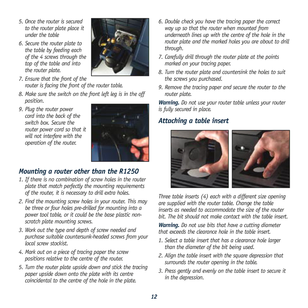 Global Machinery Company RT 200, GMC Router Table Mounting a router other than the R1250, Attaching a table insert 